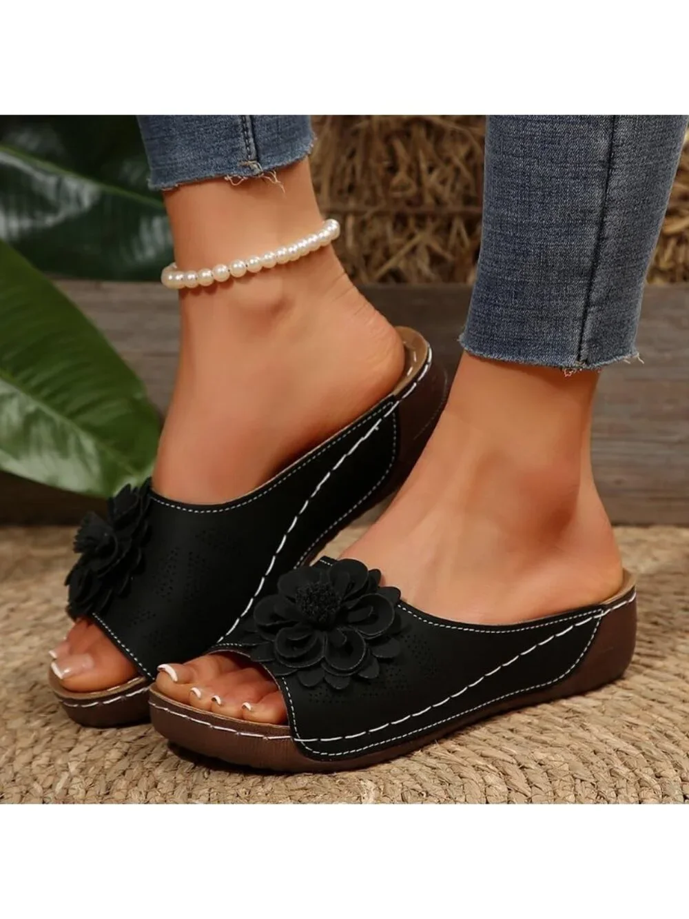 Women's Black Faux Leather Summer Wedge Low Open Toe Slides Dressy Flower Sandal